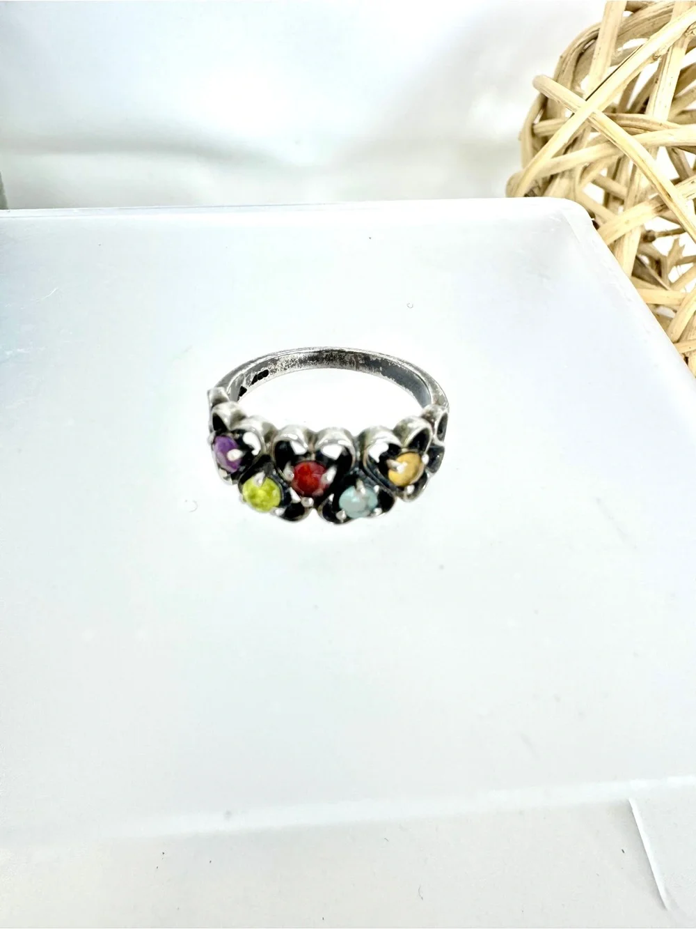 Vintage PL Signed 925 Sterling Silver Multi-Gemstone Heart Band Ring